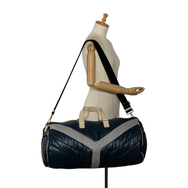 サンローラン Yライン メッシュ スポーツバッグ ハンドバッグ ボストンバッグ ショルダーバッグ 2WAY ネイビー アイボリー サテン ポリエステル レディース SAINT LAURENT 【中古】