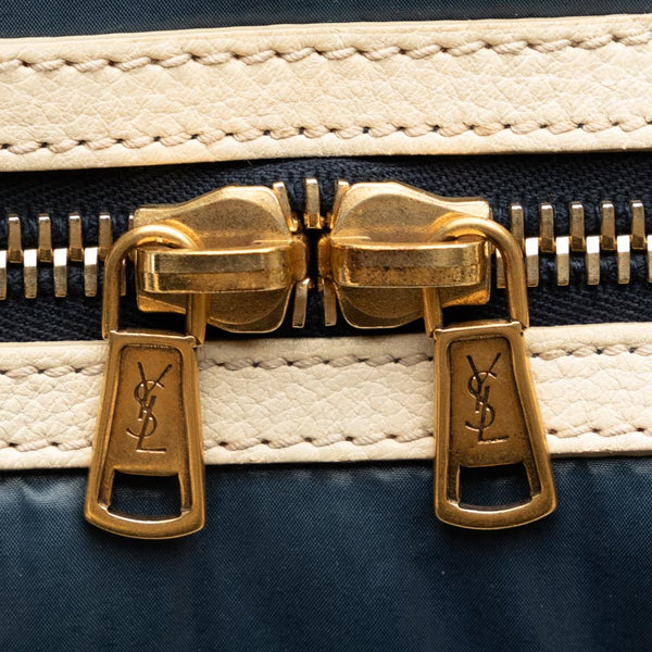 サンローラン Yライン メッシュ スポーツバッグ ハンドバッグ ボストンバッグ ショルダーバッグ 2WAY ネイビー アイボリー サテン ポリエステル レディース SAINT LAURENT 【中古】