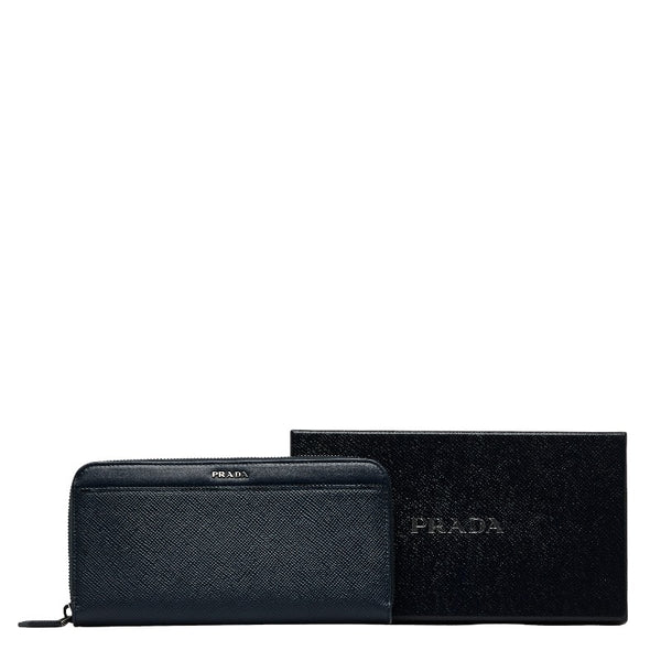 プラダ サフィアーノ ラウンドジップ 長財布 ネイビー レザー メンズ PRADA 【中古】