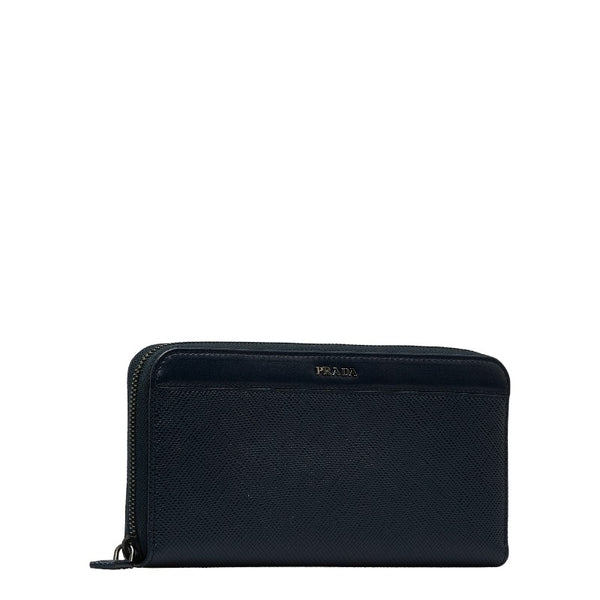 プラダ サフィアーノ ラウンドジップ 長財布 ネイビー レザー メンズ PRADA 【中古】