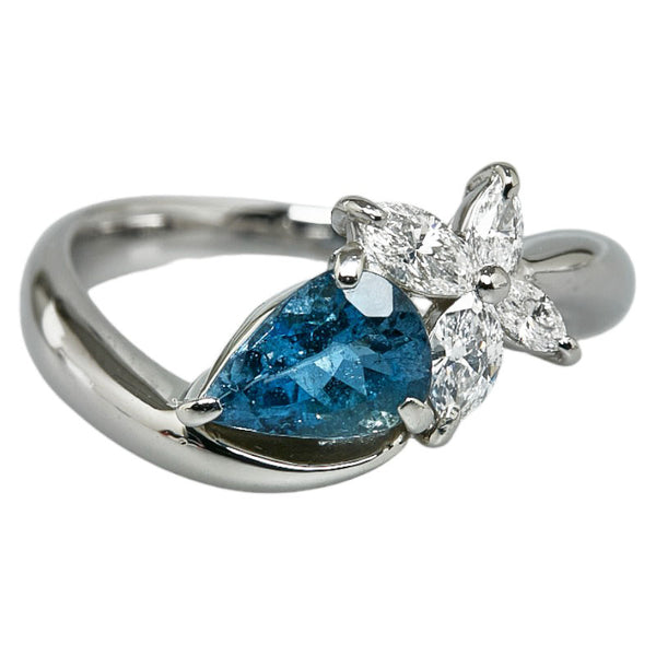 Pt900 プラチナ アクアマリン0.90ct ダイヤ0.32ct ペアシェイプ バタフライ リング 指輪 レディース 11.5号 【中古】