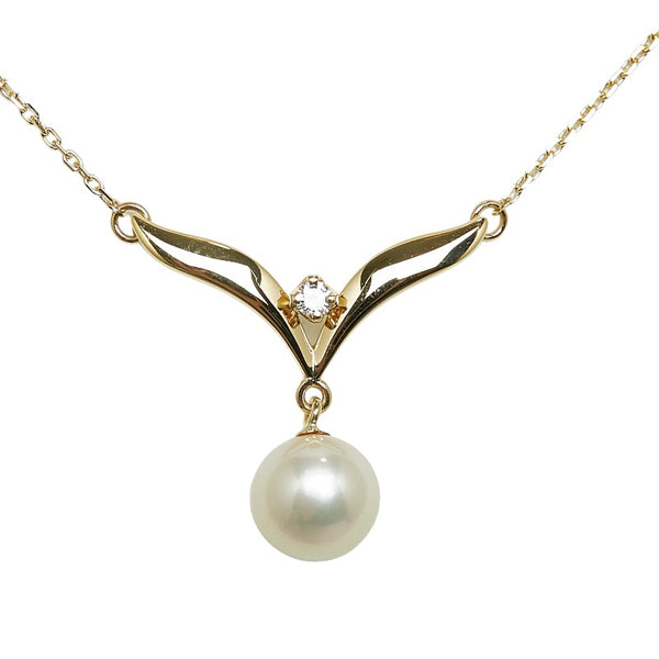 ミキモト K18YG イエローゴールド アコヤパール7.5mm ダイヤ ネックレス レディース MIKIMOTO 【中古】