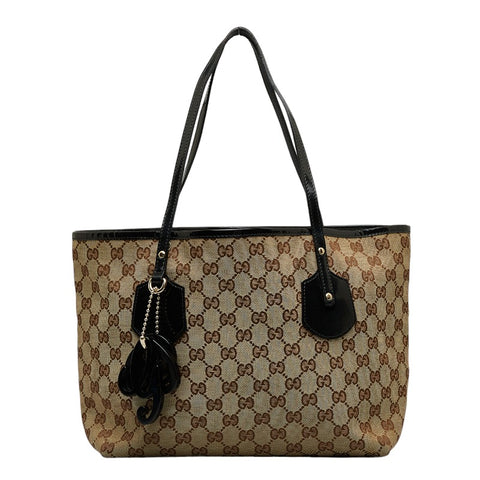 グッチ GGキャンバス  ハンドバッグ トートバッグ 211976 ベージュ ブラック キャンバス エナメル レディース GUCCI 【中古】