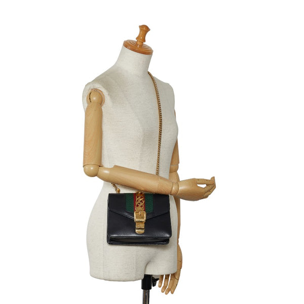 グッチ シルヴィ スモール シェリーライン 斜め掛け チェーン ショルダーバッグ  431666 ブラック マルチカラー レザー レディース GUCCI 【中古】