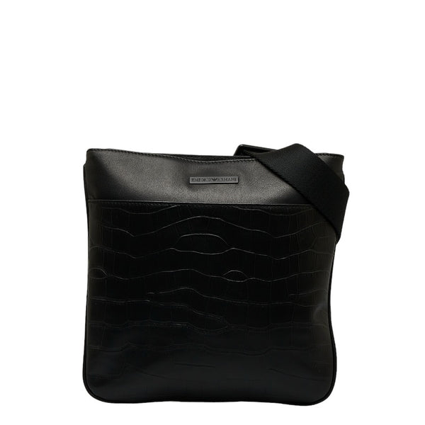 エンポリオ アルマーニ クロコ型押し 斜め掛け ショルダーバッグ ブラック レザー メンズ Emporio Armani 【中古】
