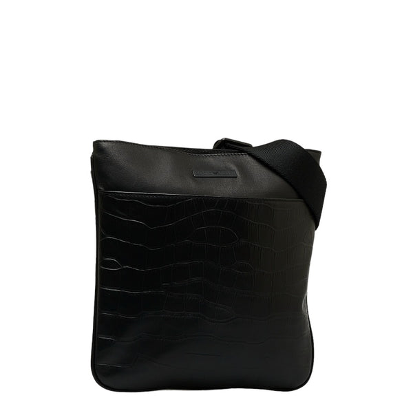 エンポリオ アルマーニ クロコ型押し 斜め掛け ショルダーバッグ ブラック レザー メンズ Emporio Armani 【中古】