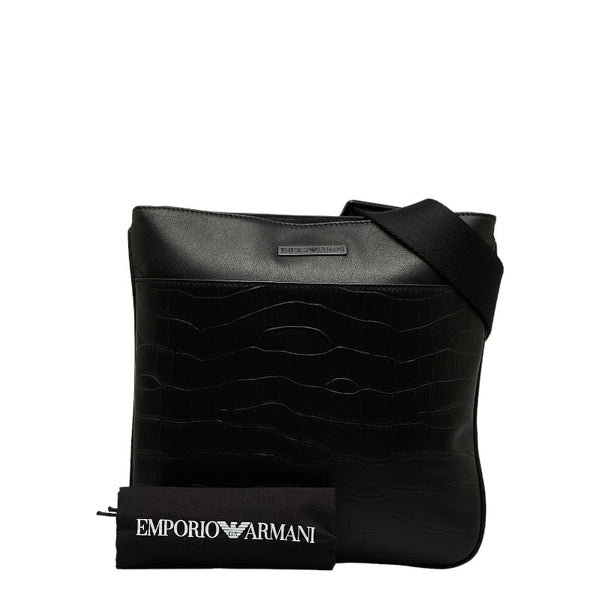 エンポリオ アルマーニ クロコ型押し 斜め掛け ショルダーバッグ ブラック レザー メンズ Emporio Armani 【中古】