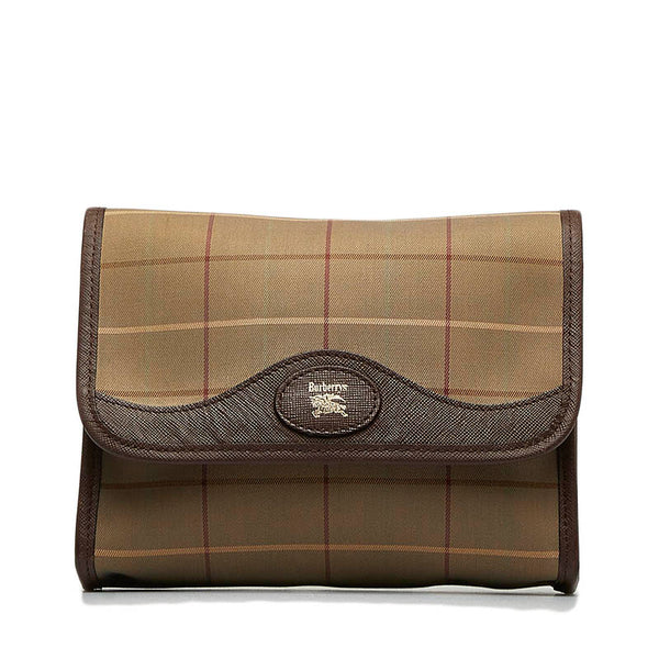 バーバリー チェック ポーチ カーキ ブラウン キャンバス レディース BURBERRY 【中古】