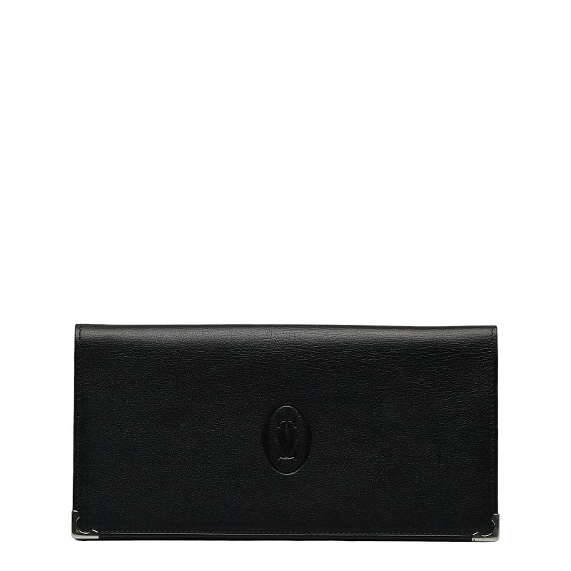 カルティエ マストライン シルバー金具 二つ折り財布 長財布 ブラック ボルドー レザー レディース CARTIER 【中古】