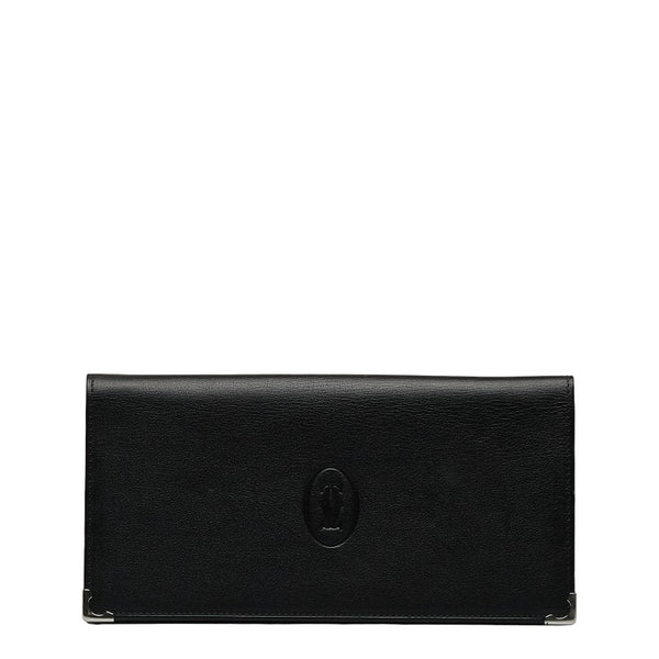 カルティエ マストライン シルバー金具 二つ折り財布 長財布 ブラック ボルドー レザー レディース CARTIER 【中古】