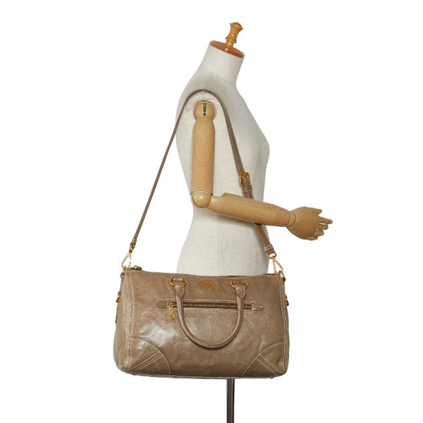 プラダ ロゴ ハンドバッグ ショルダーバッグ 2WAY グレージュ ベージュ レザー レディース PRADA 【中古】