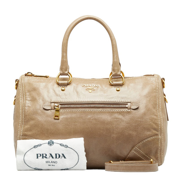 プラダ ロゴ ハンドバッグ ショルダーバッグ 2WAY グレージュ ベージュ レザー レディース PRADA 【中古】