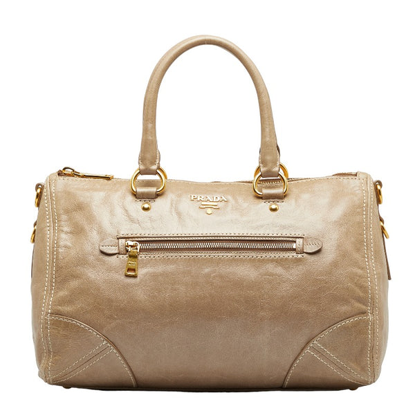 プラダ ロゴ ハンドバッグ ショルダーバッグ 2WAY グレージュ ベージュ レザー レディース PRADA 【中古】