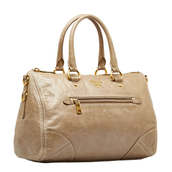 プラダ ロゴ ハンドバッグ ショルダーバッグ 2WAY グレージュ ベージュ レザー レディース PRADA 【中古】