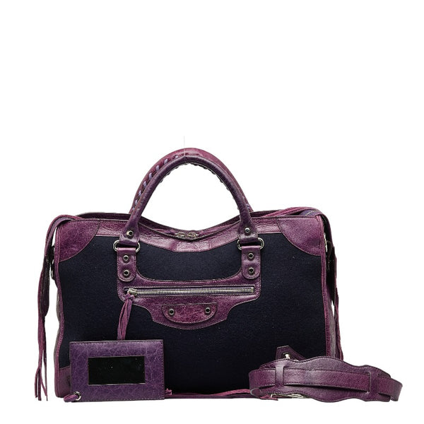バレンシアガ シティ ハンドバッグ ショルダーバッグ 2WAY 115748 パープル ネイビー レザー フェルト レディース BALENCIAGA 【中古】