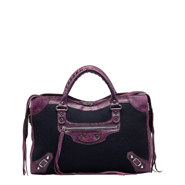 バレンシアガ シティ ハンドバッグ ショルダーバッグ 2WAY 115748 パープル ネイビー レザー フェルト レディース BALENCIAGA 【中古】
