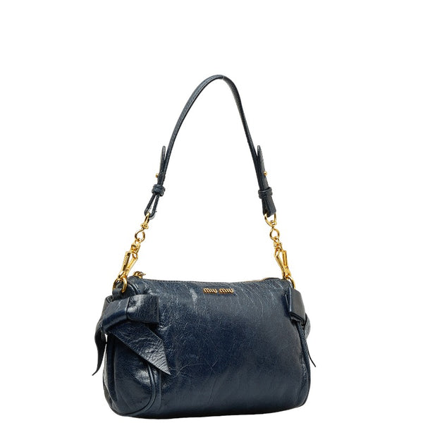 ミュウミュウ リボン ハンドバッグ アクセサリーポーチ ブルー レザー レディース MIUMIU 【中古】
