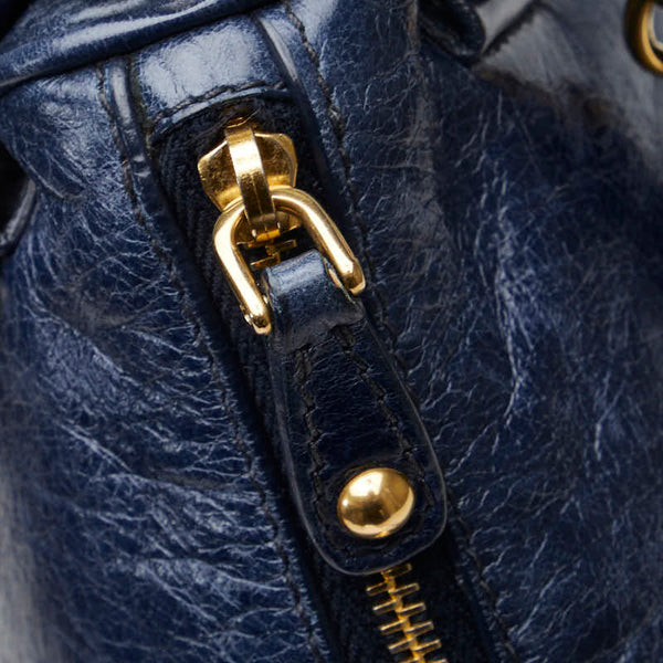 ミュウミュウ リボン ハンドバッグ アクセサリーポーチ ブルー レザー レディース MIUMIU 【中古】