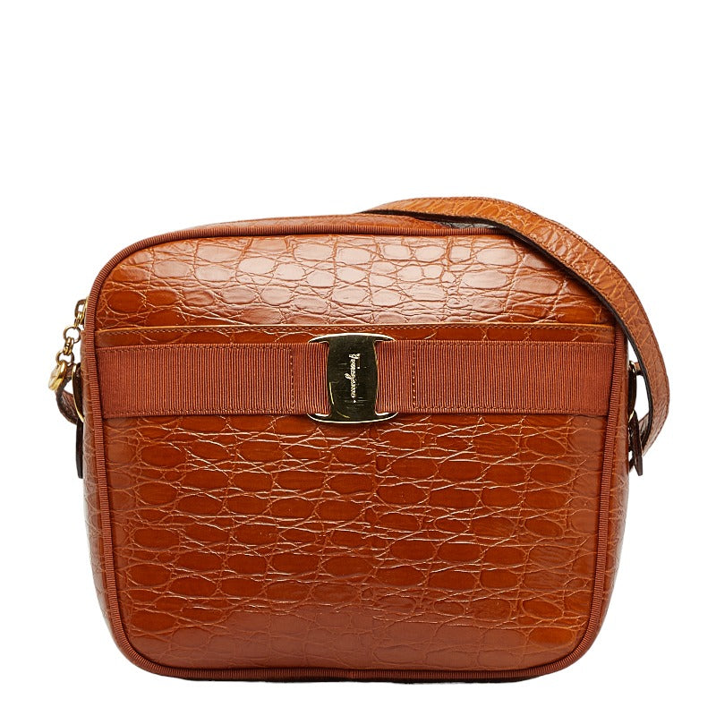 サルヴァトーレフェラガモ ヴァラ クロコ型押し 斜め掛け ショルダーバッグ  A21 6677 ブラウン レザー レディース Salvatore Ferragamo 【中古】