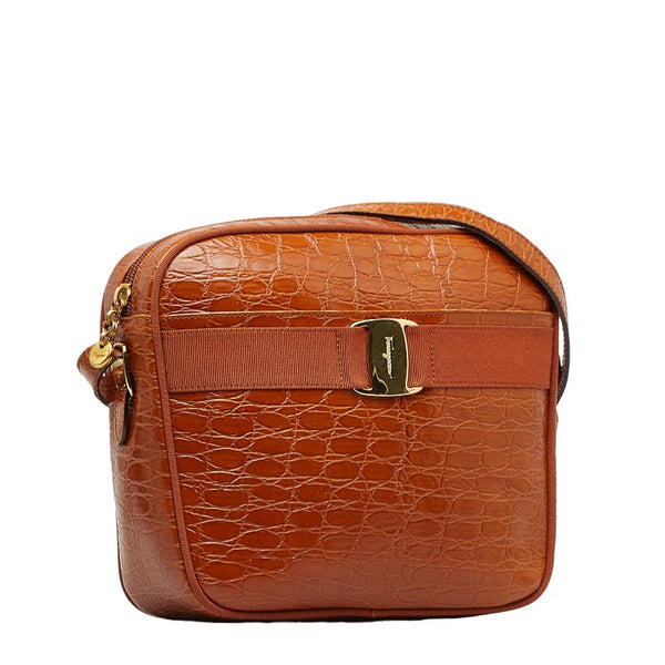 サルヴァトーレフェラガモ ヴァラ クロコ型押し 斜め掛け ショルダーバッグ  A21 6677 ブラウン レザー レディース Salvatore Ferragamo 【中古】