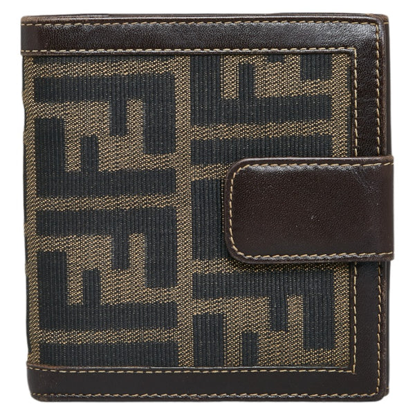 フェンディ ズッカ Wホック 二つ折り財布 01695079 ベージュ ブラウン キャンバス レザー レディース FENDI 【中古】