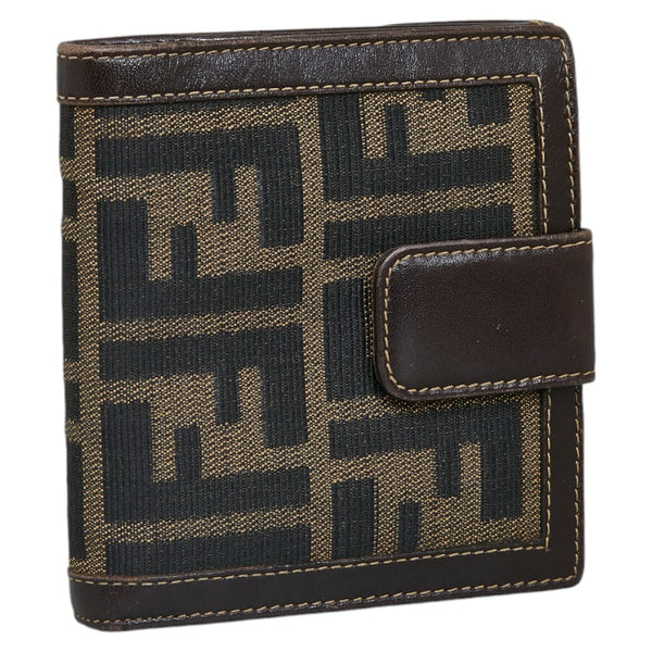 フェンディ ズッカ Wホック 二つ折り財布 01695079 ベージュ ブラウン キャンバス レザー レディース FENDI 【中古】