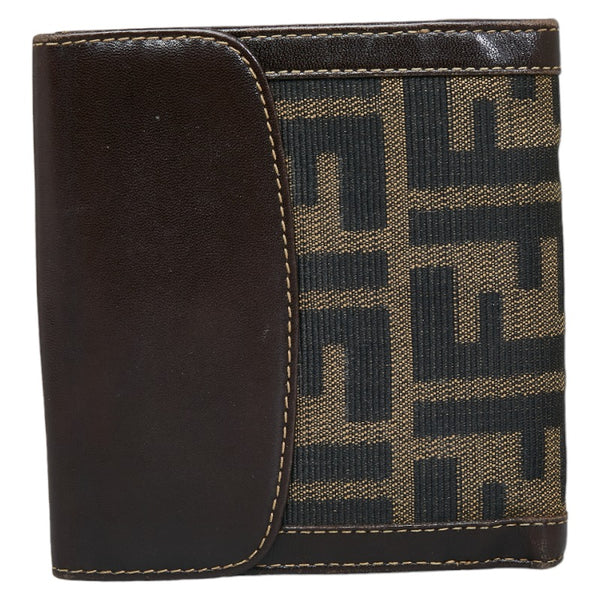 フェンディ ズッカ Wホック 二つ折り財布 01695079 ベージュ ブラウン キャンバス レザー レディース FENDI 【中古】