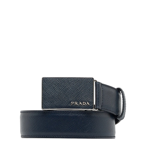 プラダ サフィアーノ バックル ベルト 40/100 ネイビー シルバー レザー メンズ PRADA 【中古】