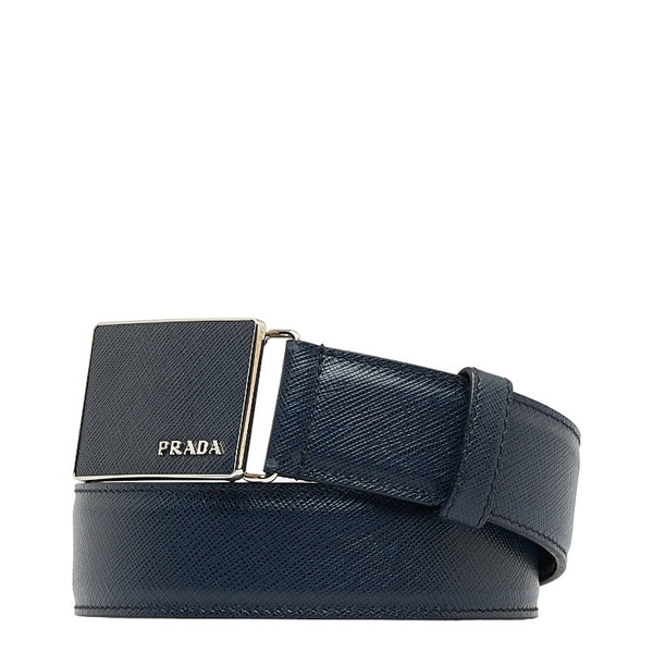 プラダ サフィアーノ バックル ベルト 40/100 ネイビー シルバー レザー メンズ PRADA 【中古】