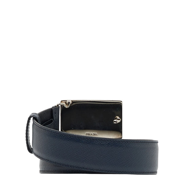 プラダ サフィアーノ バックル ベルト 40/100 ネイビー シルバー レザー メンズ PRADA 【中古】