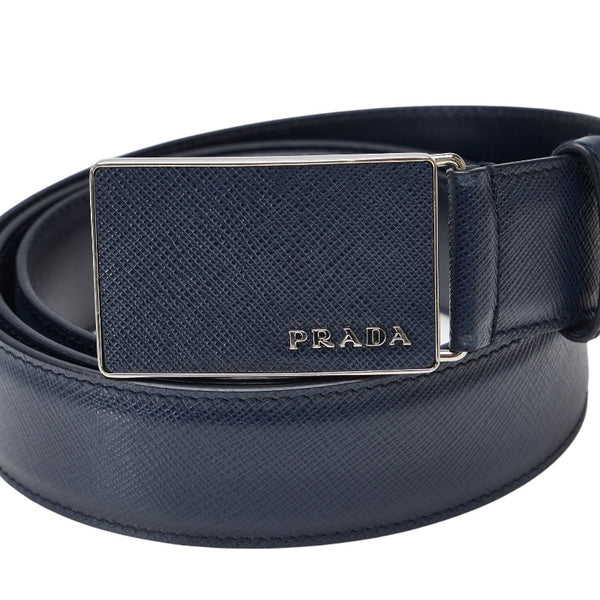 プラダ サフィアーノ バックル ベルト 40/100 ネイビー シルバー レザー メンズ PRADA 【中古】