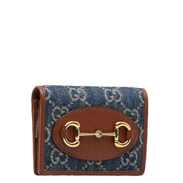 グッチ GGデニム ホースビット 1955 二つ折り財布 コンパクトウォレット 621887 インディゴブルー ブラウン コットン レザー レディース GUCCI 【中古】
