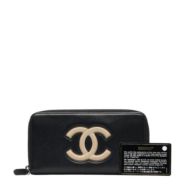 シャネル ラウンドファスナー 長財布 ブラック ラムスキン レディース CHANEL 【中古】