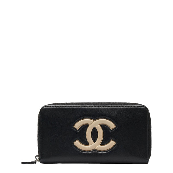 シャネル ラウンドファスナー 長財布 ブラック ラムスキン レディース CHANEL 【中古】
