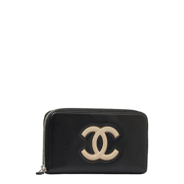 シャネル ラウンドファスナー 長財布 ブラック ラムスキン レディース CHANEL 【中古】