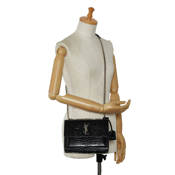 サンローラン クロコ型押し サンセット ミディアム チェーン ショルダーバッグ 442906 ブラック レザー レディース SAINT LAURENT 【中古】