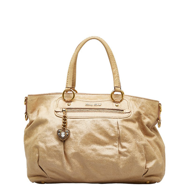 ミュウ ミュウ ハート ラインストーン ハンドバッグ ショルダーバッグ 2WAY ベージュ レザー レディース Miu Miu 【中古】