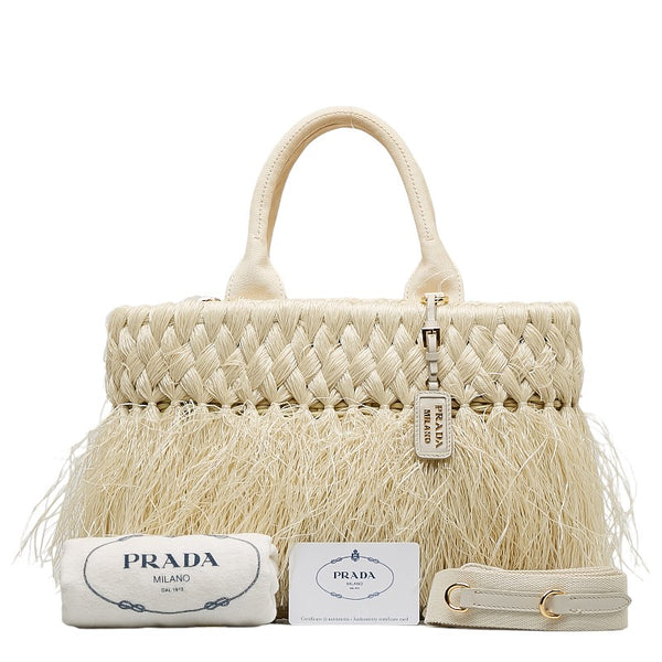 プラダ ハンドバッグ ショルダーバッグ 2WAY 1BG089 ホワイト  ベージュ ストロー キャンバス レディース PRADA 【中古】