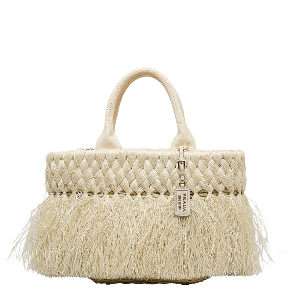 プラダ ハンドバッグ ショルダーバッグ 2WAY 1BG089 ホワイト  ベージュ ストロー キャンバス レディース PRADA 【中古】