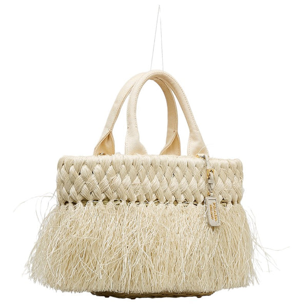 プラダ ハンドバッグ ショルダーバッグ 2WAY 1BG089 ホワイト  ベージュ ストロー キャンバス レディース PRADA 【中古】