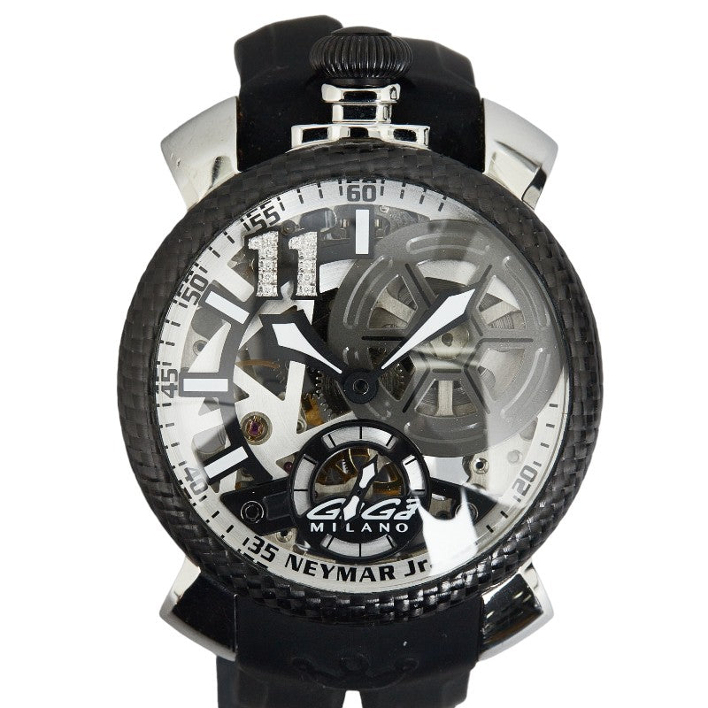ガガ ミラノ マヌアーレ48 12ポイントダイヤインデックス ネイマールモデル 世界100本限定モデル 腕時計 5515-NJ-01D 手巻き ホワイト文字盤 カーボン ラバー メンズ Gaga Milano 【中古】