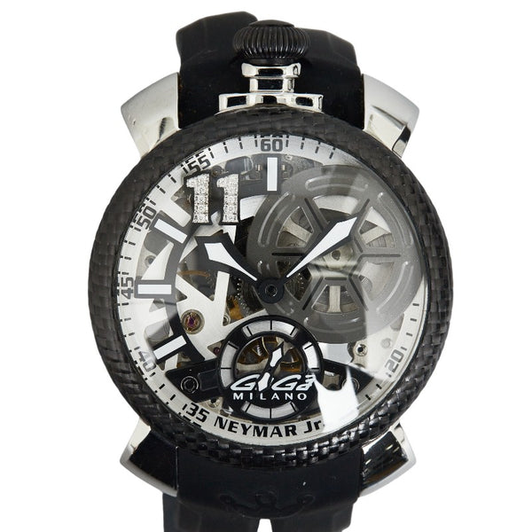 ガガ ミラノ マヌアーレ48 12ポイントダイヤインデックス ネイマールモデル 世界100本限定モデル 腕時計 5515-NJ-01D 手巻き ホワイト文字盤 カーボン ラバー メンズ Gaga Milano 【中古】