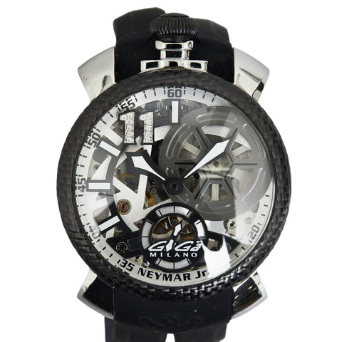 ガガ ミラノ マヌアーレ48 12ポイントダイヤインデックス ネイマールモデル 世界100本限定モデル 腕時計 5515-NJ-01D 手巻き ホワイト文字盤 カーボン ラバー メンズ Gaga Milano 【中古】