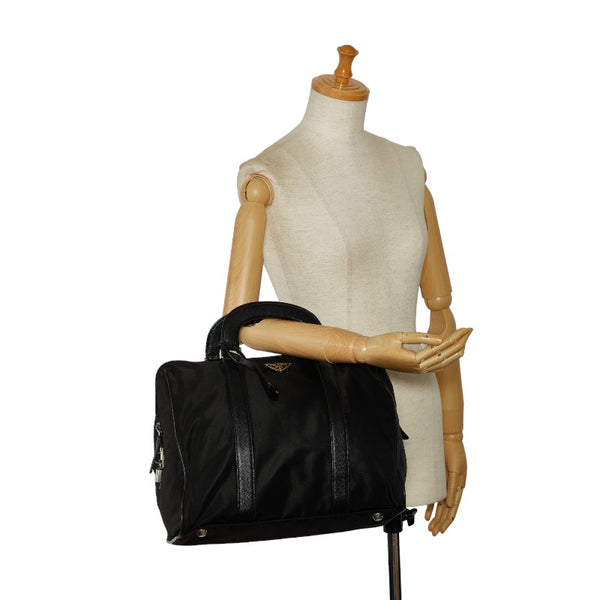 プラダ 三角ロゴプレート ハンドバッグ トートバッグ ブラック ナイロン レザー レディース PRADA 【中古】