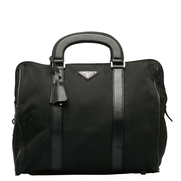 プラダ 三角ロゴプレート ハンドバッグ トートバッグ ブラック ナイロン レザー レディース PRADA 【中古】