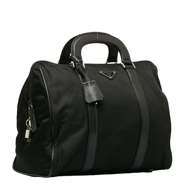 プラダ 三角ロゴプレート ハンドバッグ トートバッグ ブラック ナイロン レザー レディース PRADA 【中古】