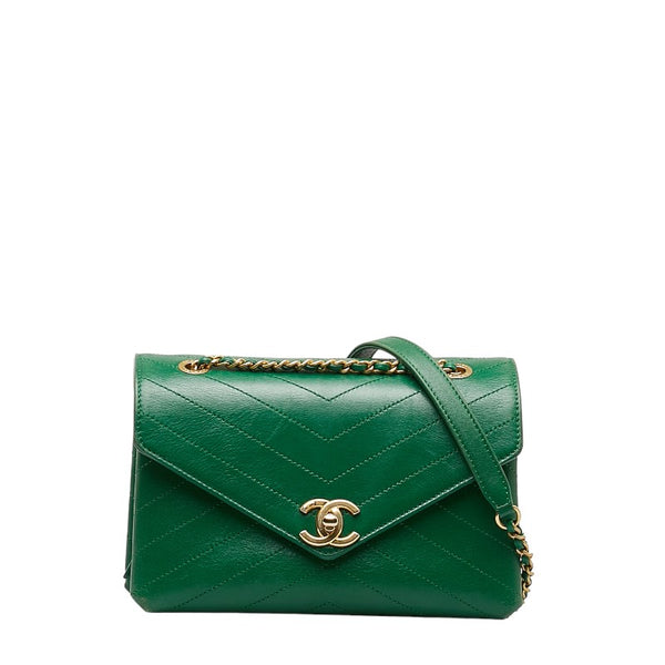 シャネル ココマーク Vステッチ チェーン 斜め掛け ショルダーバッグ グリーン レザー レディース CHANEL 【中古】