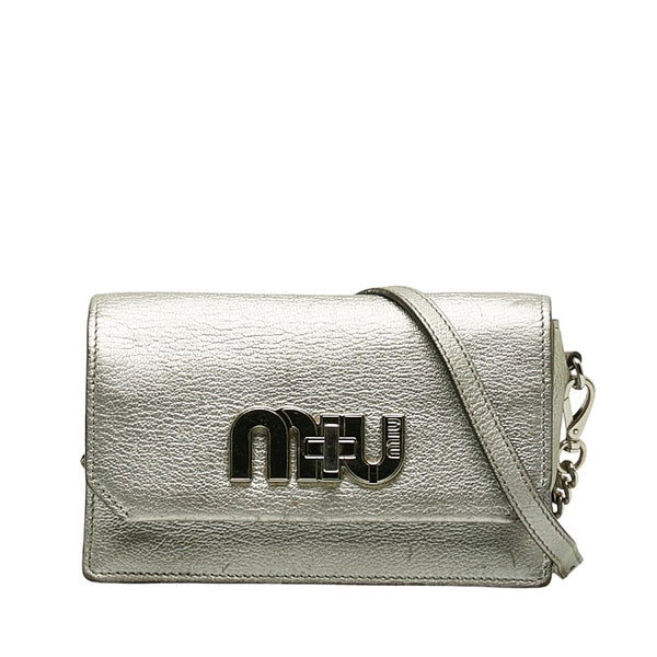 ミュウミュウ ロゴ ターンロック チェーン ショルダーバッグ シルバー レザー レディース MIUMIU 【中古】