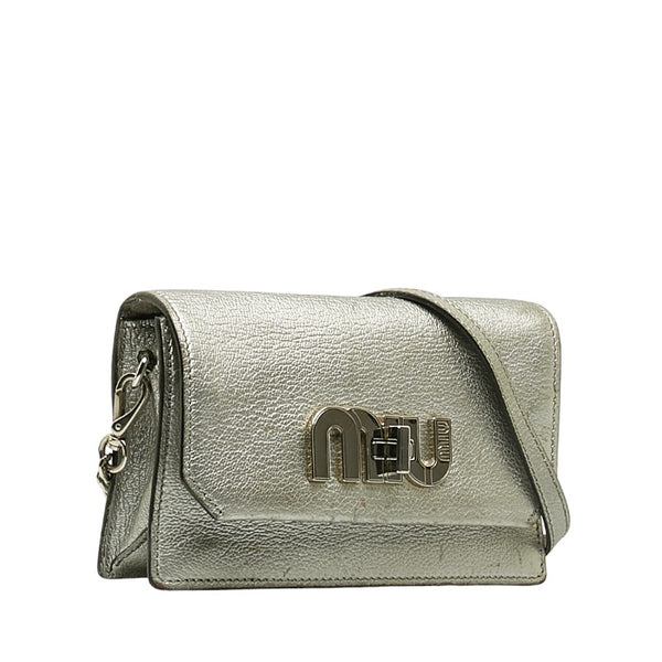 ミュウミュウ ロゴ ターンロック チェーン ショルダーバッグ シルバー レザー レディース MIUMIU 【中古】