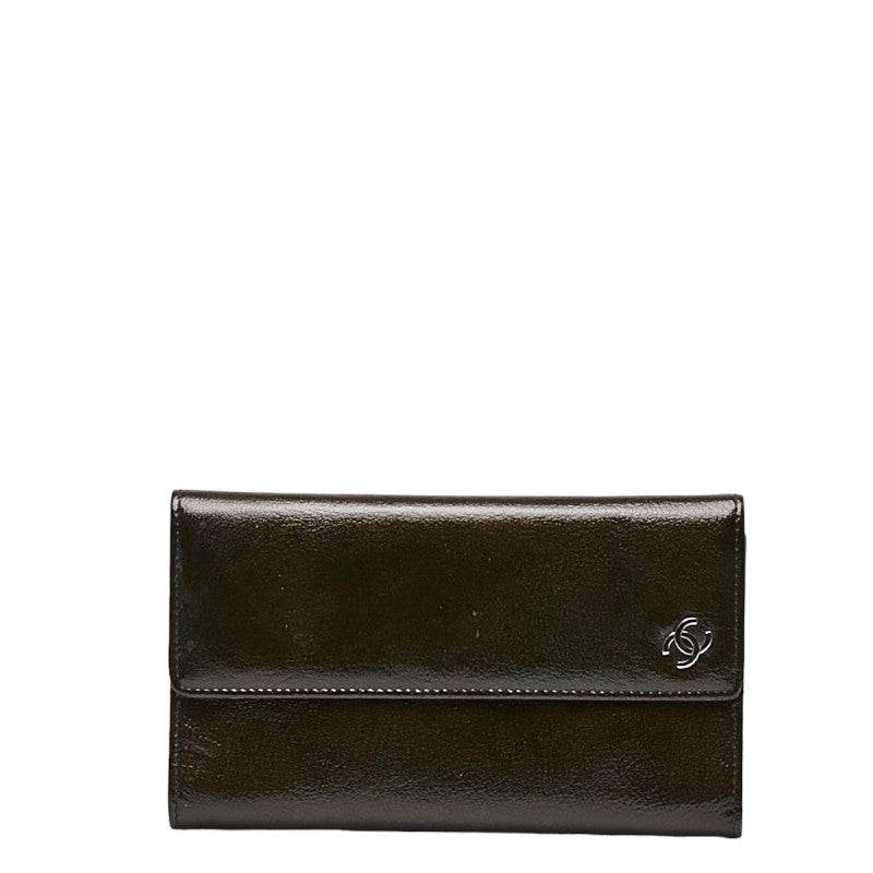 シャネル ココマーク 三つ折り財布 メタリックカーキ パテントレザー レディース CHANEL 【中古】